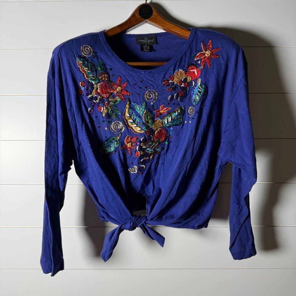 Carole Little Sport Long Sleeve 100% Cotton Front Tie Embellished Shirt Purple M